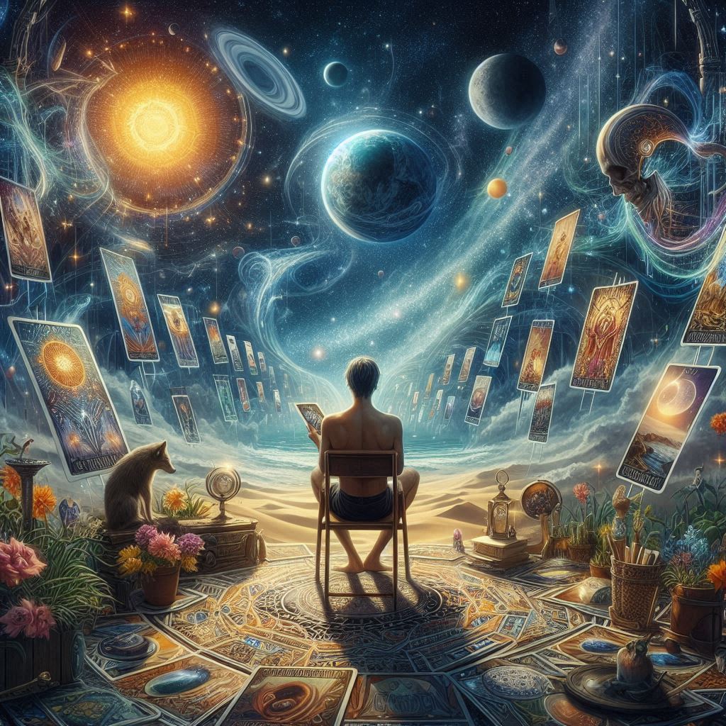 a man sits on a chair and sees planets